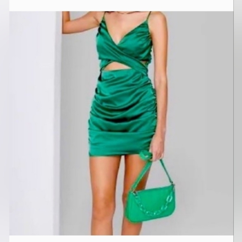 Wild Fable Satin Green Sheath Cocktail Dress Teal Bodycon Midriff Straps